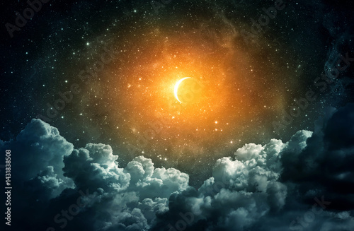 Fototapeta Naklejka Na Ścianę i Meble -   Collage, not AI. Panoramic view of the night sky, star and moon. Collage. Elements of this image furnished by NASA.