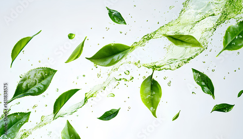 Splashes of green tea and fresh leaves in the air on white background