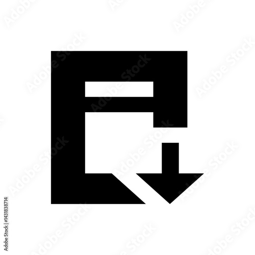 Black and white graphic featuring a square shape with an arrow pointing downwards in simple design style