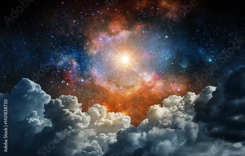 Fototapeta Naklejka Na Ścianę i Meble -  Collage, not AI. Panoramic view of the night sky clouds and  star.  Elements of this image furnished by NASA.