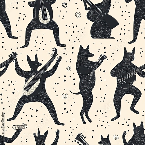 Anthropomorphic Canine Band: A Whimsical Musical Ensemble of Dogs Playing Instruments in a Starry Night Seamless Pattern