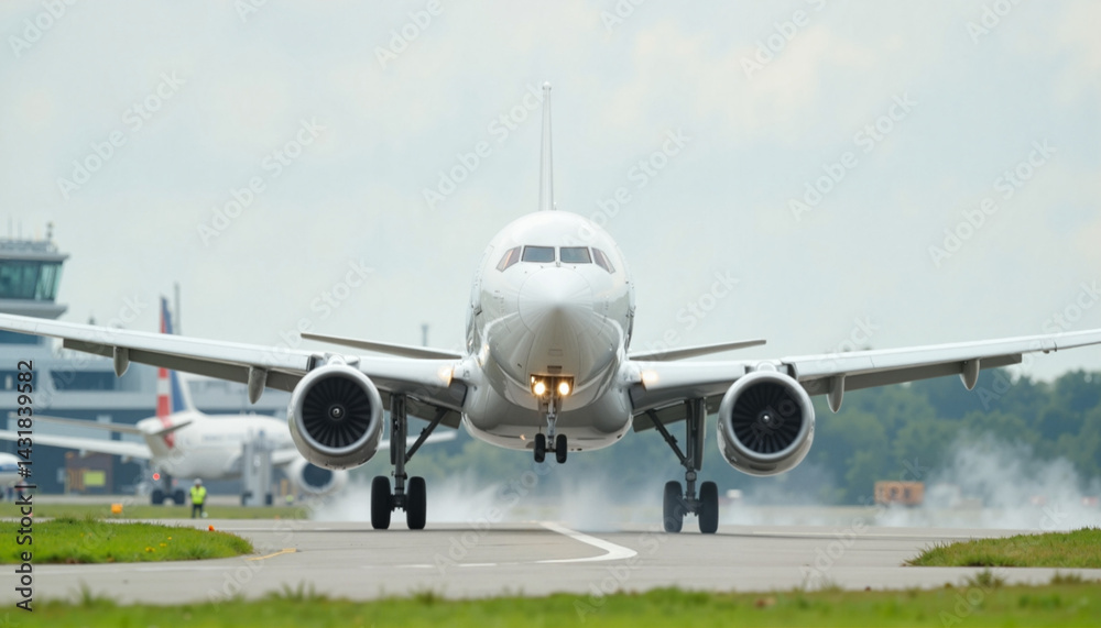Modern airliner touching down on runway with tire smoke, dynamic travel Modern airliner touching down on runway with tire smoke, dynamic travel