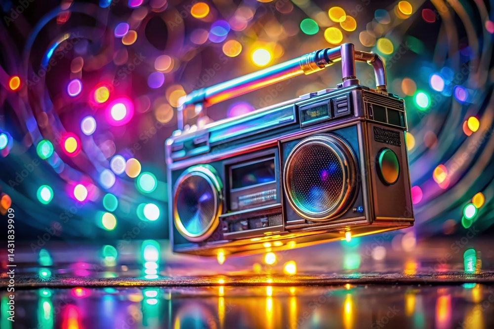 Fototapeta premium Retro Stereo Boombox Hologram Wireframe: Futuristic Music & Audio Concept