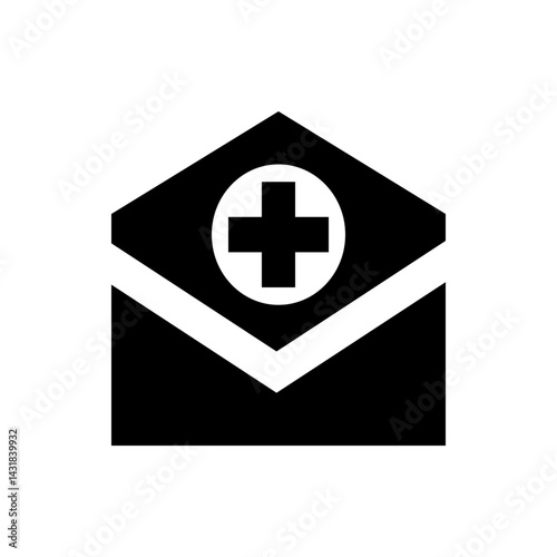 Black envelope icon with a white stripe and a white medical cross inside a circle symbol on top center