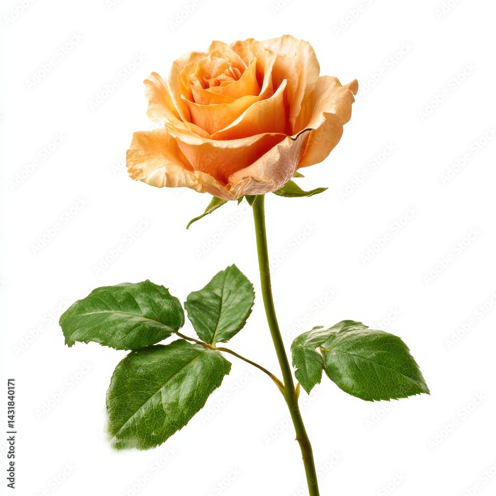 Peach rose with green leaves isolate on a white background. Peach rose with green leaves isolate on a white background.
