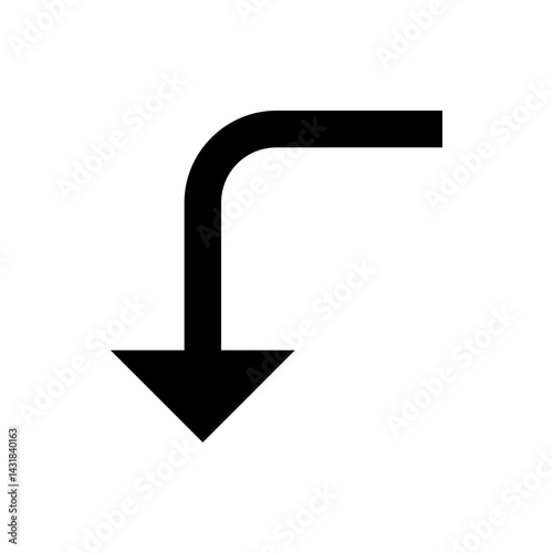 A simple black arrow turning downwards with a rounded corner on a plain white background image view