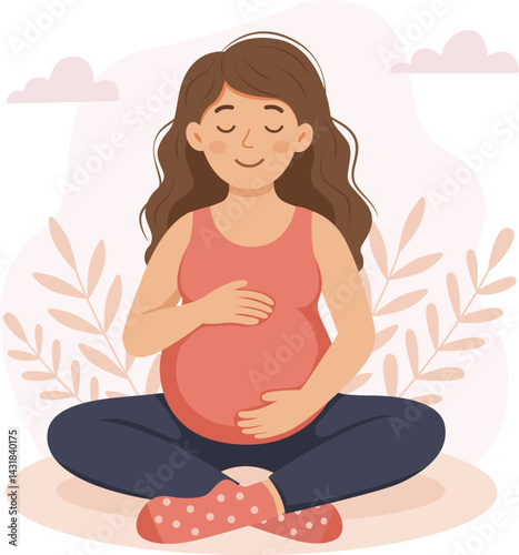 Pregnant woman prenatal yoga concept. Illustration in flat cute cartoon style. Health, care, pregnancy design