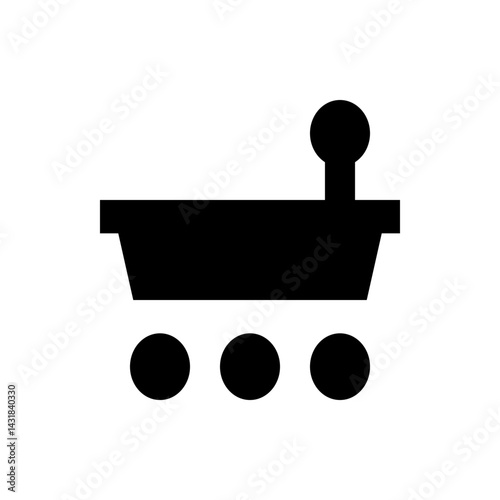 A simple black silhouette of a shopping cart with three wheels and a handle on a white background