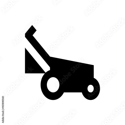 Illustration of a black lawn mower with a handle and two wheels on a white background design vector