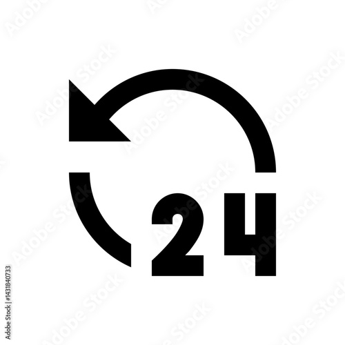 Twenty four hours service availability icon with circular arrow in black color for customer support