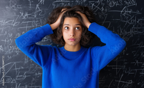 Frustrated student in blue sweater holding head in front of chalkboard covered with complex math equations.
