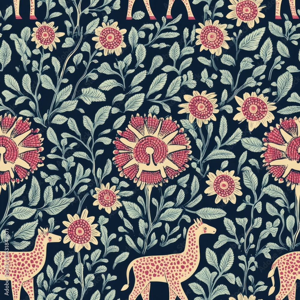 Fototapeta Elegant Giraffe and Floral Textile Design: A Navy Blue Botanical Print Featuring Stylized Giraffes and Flowers
