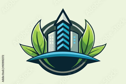 Abstract green nature ecology vector logo emblem design with a boat illustration on an environmental background