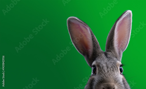 Rabbit, animal, bunny on green background with upright ears looking directly at camera.
