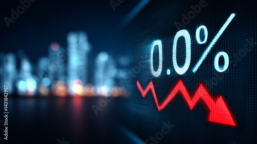 Financial Market Decline - market graph showing a sharp decline to 0.0%, reflecting economic downturn. City skyline in background