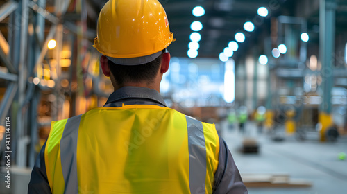 Man in yellow vest and hard hat in factory looking towards the blurred lights and interior structures