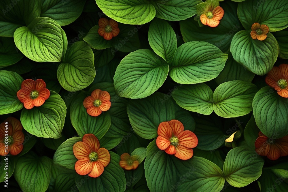 Fototapeta premium Intricate pattern of vibrant green leaves and orange blossoms.