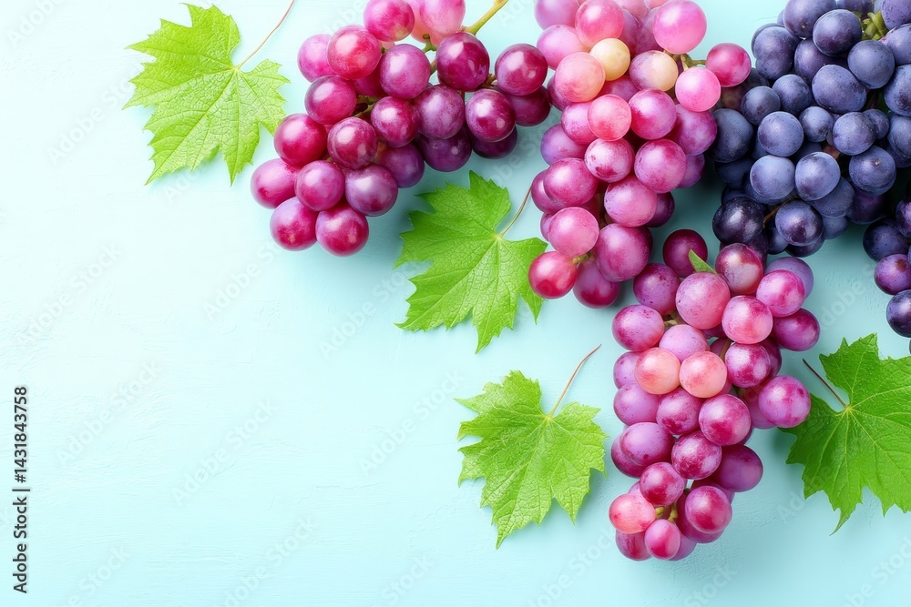 Fototapeta premium Fresh Grape Clusters with Green Leaves - Three bunches of colorful grapes with vibrant green leaves arranged on a light blue background. Perfect for healthy eating, wine, or juice themes