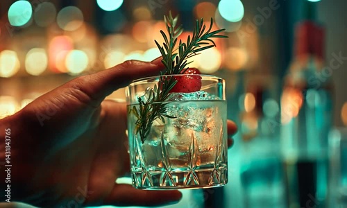 Hand holding a cocktail glass with ice, garnished with rosemary and strawberry, in a vibrant bar