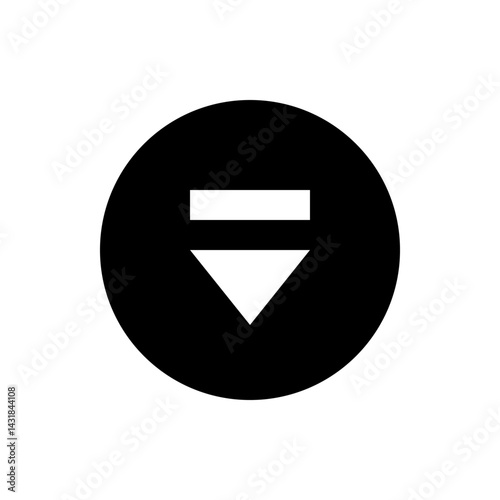 Black circle containing a white rectangle and an inverted triangle pointing downwards in the center