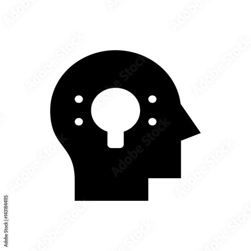 Black silhouette of a head with a lightbulb shaped hole and four dots in the head area design