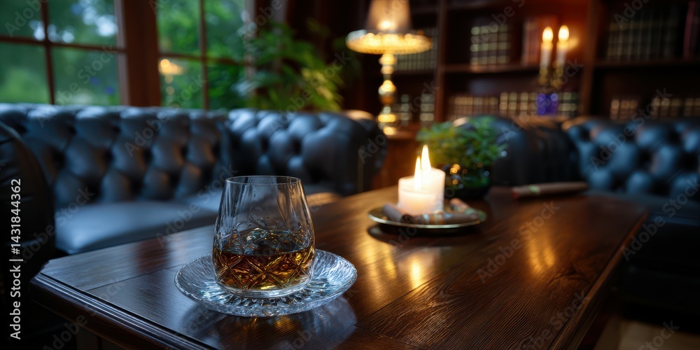 Cozy evening with whiskey and candlelight in a library setting Cozy evening with whiskey and candlelight in a library setting
