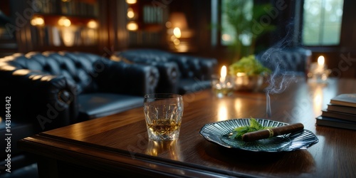 Relaxing evening with whiskey and cigar in a cozy lounge filled with warm light and comfortable seating
