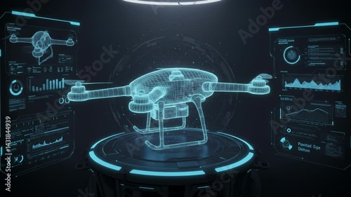 Futuristic wireframe drone in virtual laboratory with holographic data displays, technology innovation and analysis concept