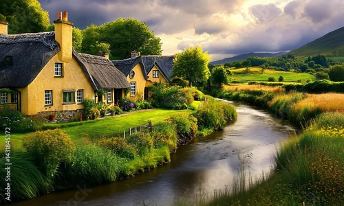 Idyllic countryside scene featuring charming cottages by a serene river under a moody sky