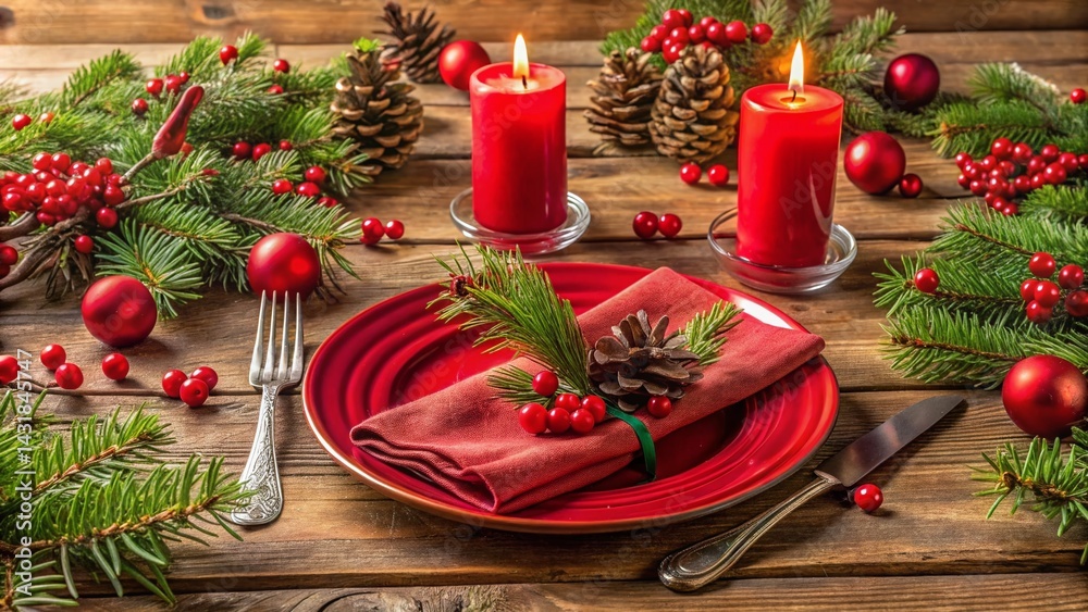 Rustic Christmas Table Setting with Red Accents and Pine Cones - Festive Holiday Dinner Decor Rustic Christmas Table Setting with Red Accents and Pine Cones - Festive Holiday Dinner Decor