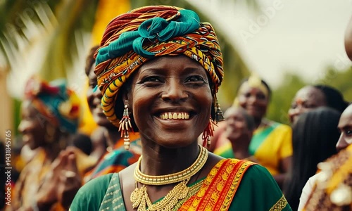 Joyful celebration of cultural heritage with smiling women in vibrant traditional attire outdoors