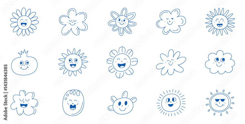 Whimsical Blue Doodle Set Featuring Smiling Flowers Clouds Sun And An Odd Pomegranate Character With A Monoline Style Whimsical Blue Doodle Set Featuring Smiling Flowers Clouds Sun And An Odd Pomegranate Character With A Monoline Style