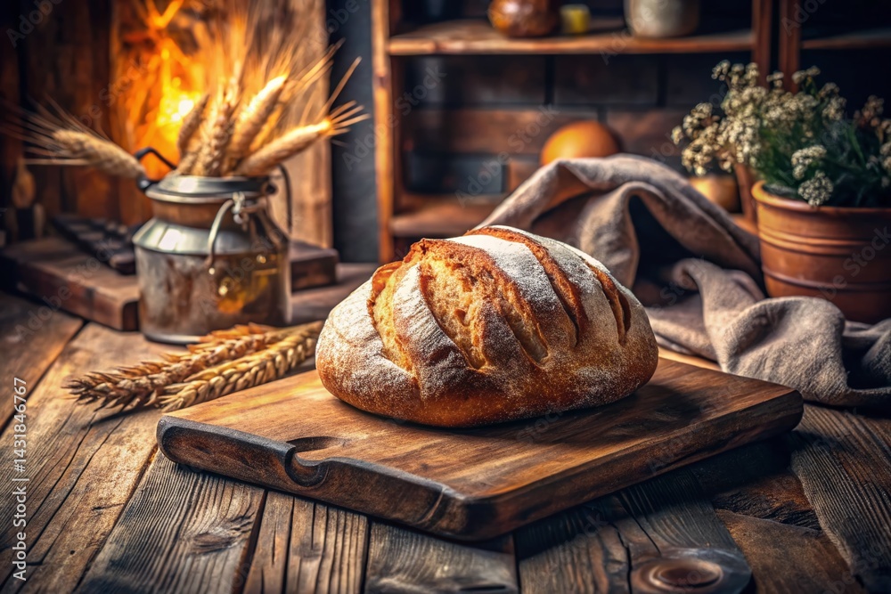 Obraz premium Rustic Kitchen: Warm Homemade Bread Cooling on Wooden Board