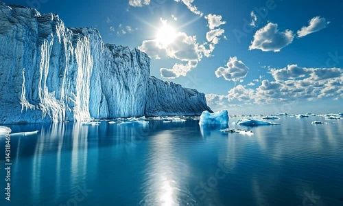 Majestic Ice Cliffs Reflecting in Calm Waters Under a Bright Sunlit Sky
