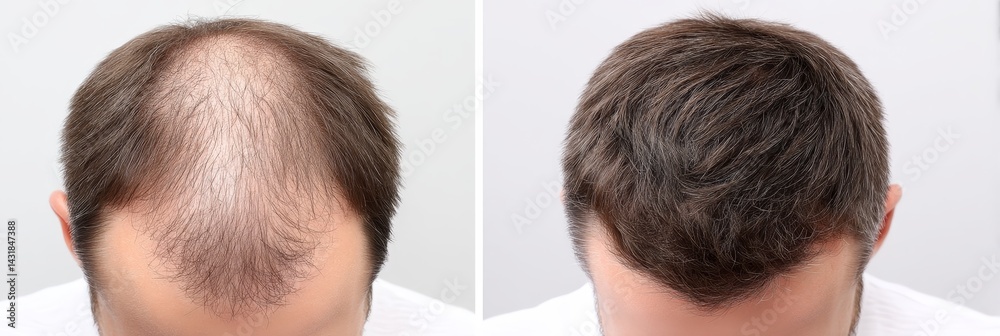 Hair Regrowth Before And After - Before and after photos showing successful hair regrowth treatment. Noticeable improvement in hair density and coverage Hair Regrowth Before And After - Before and after photos showing successful hair regrowth treatment. Noticeable improvement in hair density and coverage