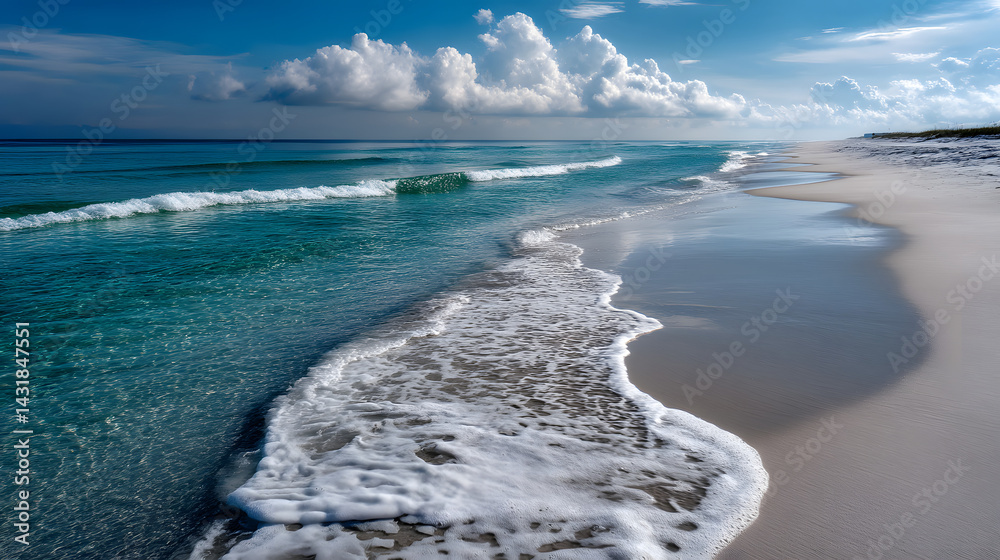 Fototapeta premium A serene and untouched winter landscape with snow-covered mountains stretching into the horizon, the soft light of the setting sun reflecting off the snow.