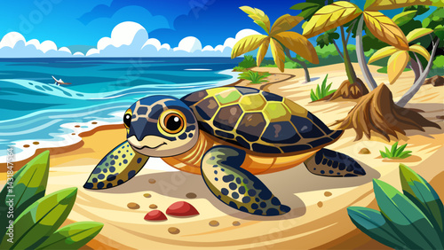 View of a newborn hawksbill sea turtle released from a rescue shelter on the beach in a nature reserve.
