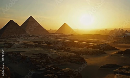 Majestic Pyramids of Giza at Sunset with Desert Landscape and City Skyline in Background (1)