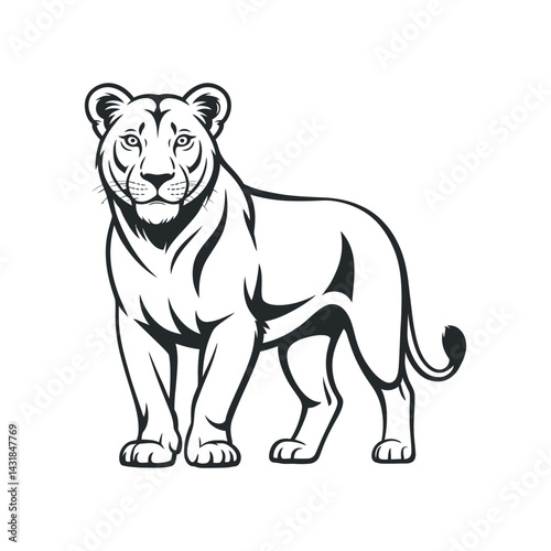 Elegant Lioness Vector Illustration Full Body View In Black And White Outline Design Animal Symbol Silhouette Powerful Feline Strong Predator