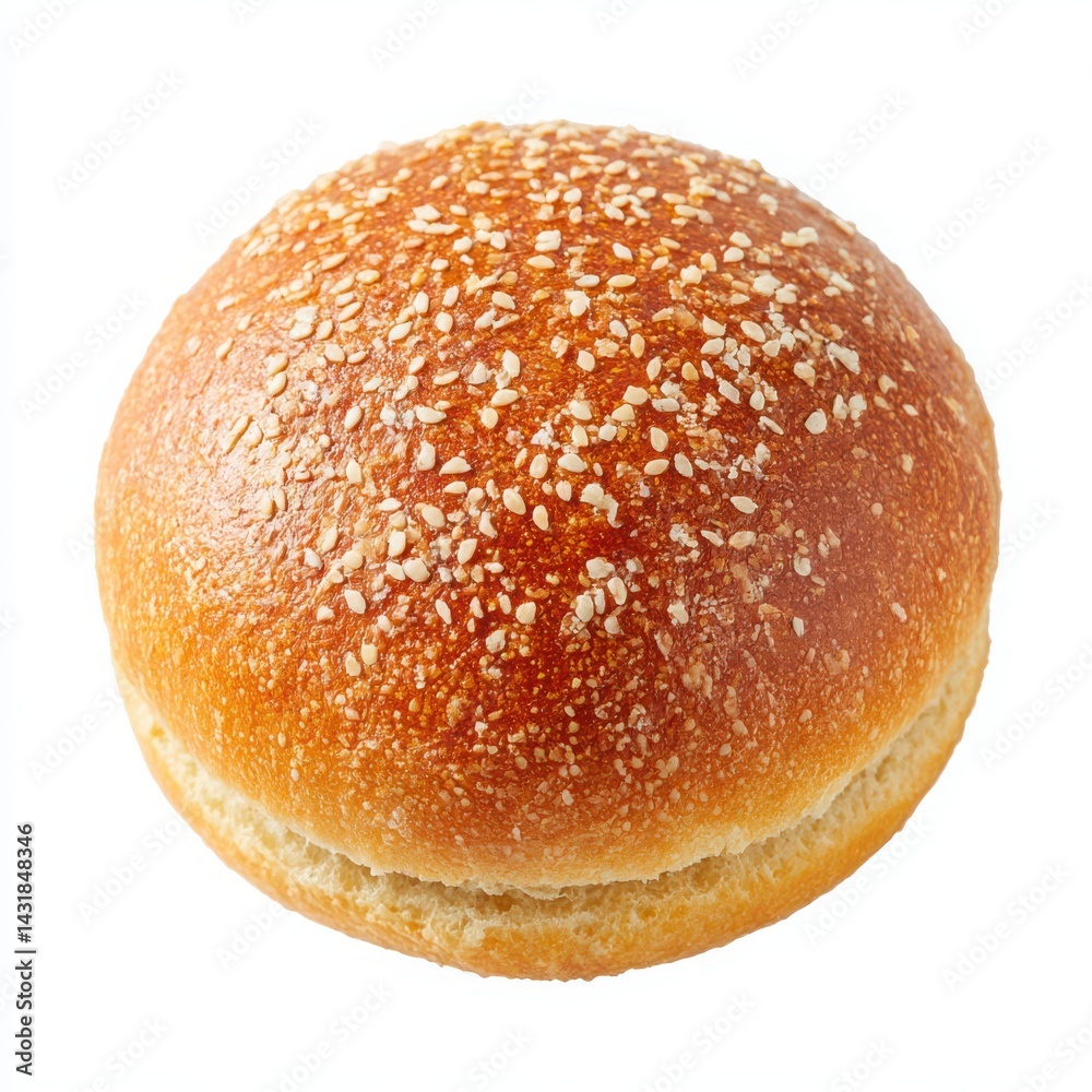 Sesame topped bun close up shot on white background Sesame topped bun close up shot on white background