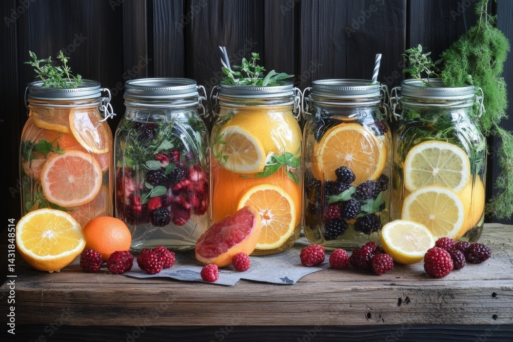 A rustic table features several jars filled with infused water, showcasing vibrant citrus, fresh berries, and aromatic herbs. This inviting setup is ideal for a warm afternoon gathering A rustic table features several jars filled with infused water, showcasing vibrant citrus, fresh berries, and aromatic herbs. This inviting setup is ideal for a warm afternoon gathering