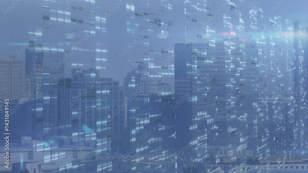 Futuristic skyline being animated in blue scene, with grid windows, glitch overlays, light streaks Futuristic skyline being animated in blue scene, with grid windows, glitch overlays, light streaks
