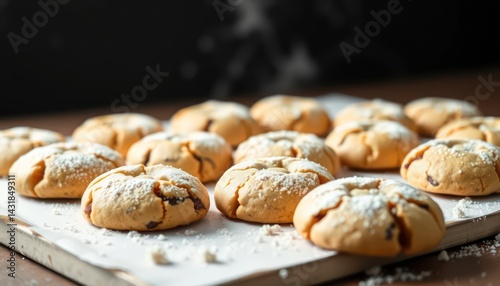 Freshly baked cookies, dusted with powdered sugar
