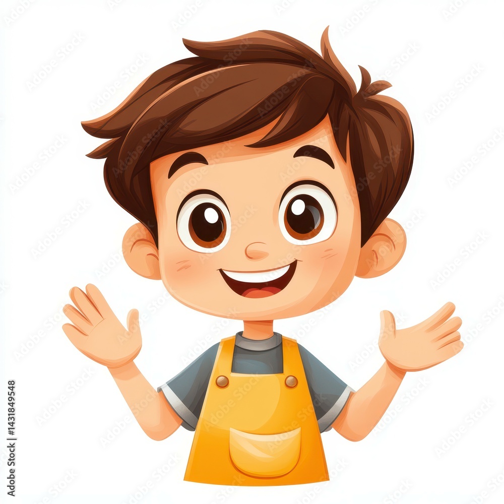 Happy cartoon boy waving in a cheerful pose with a bright smile and colorful outfit in an animated style Happy cartoon boy waving in a cheerful pose with a bright smile and colorful outfit in an animated style