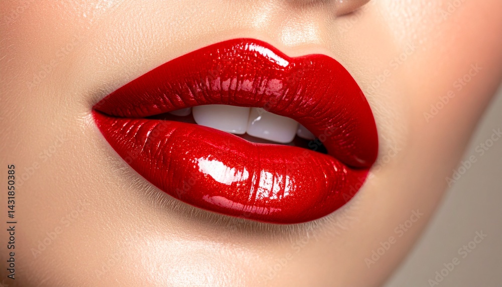 Obraz premium Close-up of lips wearing rich red lipstick