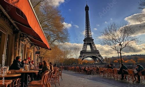People enjoying a sunny day at a caf? near the Eiffel Tower in Paris, with autumn foliage