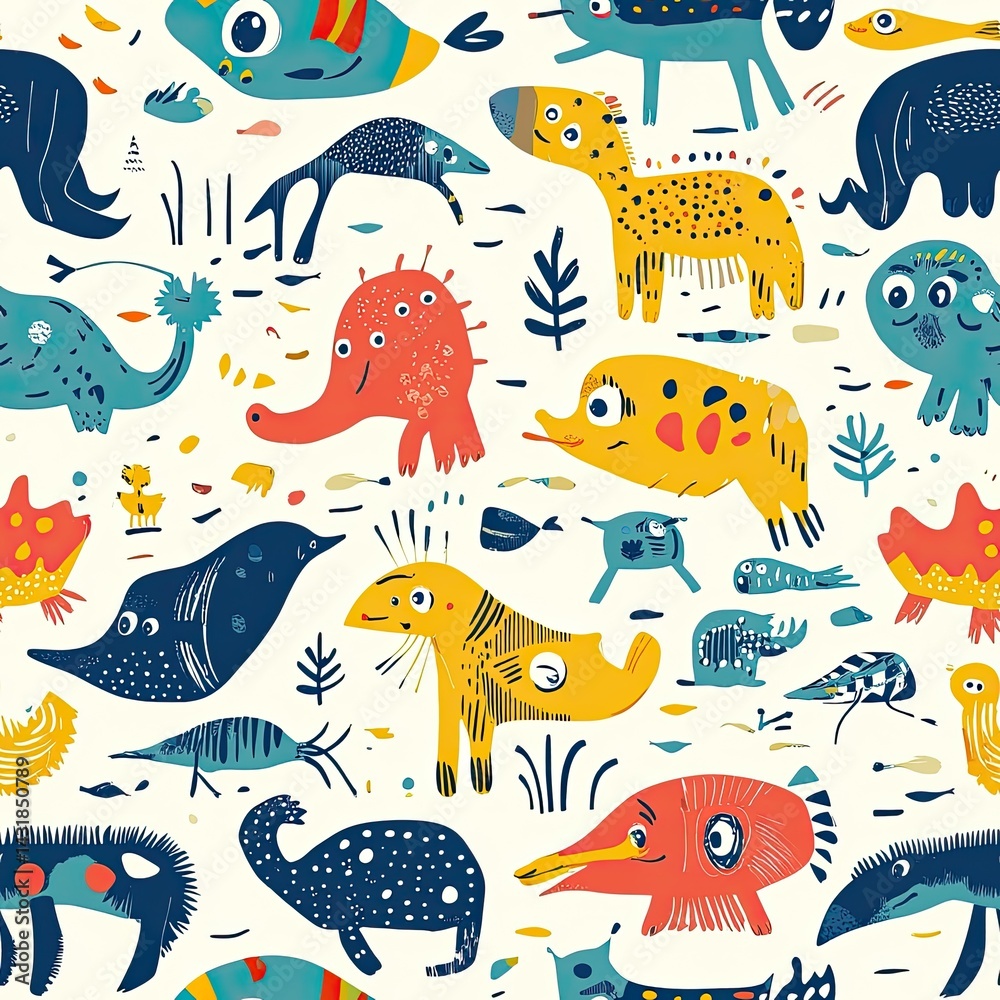 Naklejka premium Whimsical Creatures Colorful Fantasy Animal Print Seamless Pattern Design