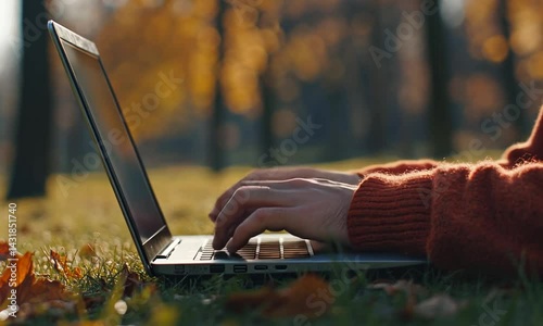Person typing on a laptop in a park surrounded by autumn foliage and trees