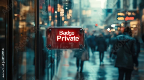 Rainy city street, private access sign, blurred pedestrians photo