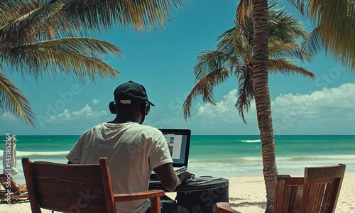 Person working on a laptop at a tropical beach with palm trees and ocean waves in the background